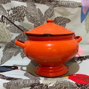 Vintage orange enamel 3 piece soup terrine